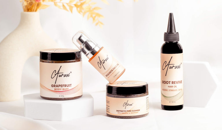 skincare and haircare products by Auravi